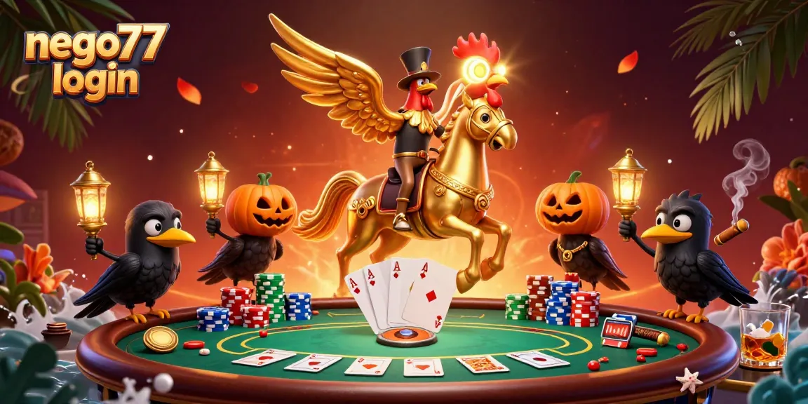 Experience thrilling gaming with nego77 login as golden rooster rides in a vibrant casino scene.