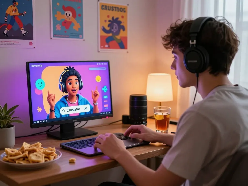 Engaging user experience with CrushOn AI character in a cozy room setting, vibrant conversation.
