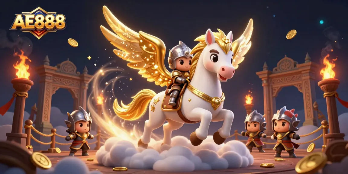 AE888 showcases an epic 3D illustration of a celestial horse and knight in a dynamic cockfighting scene.