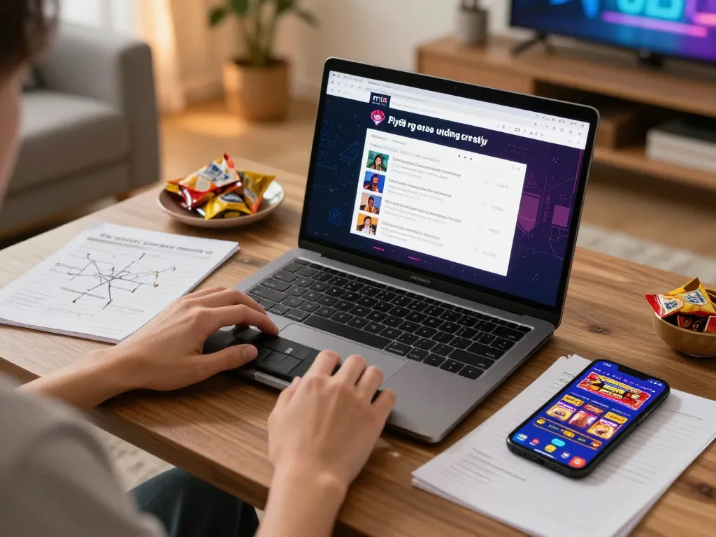 Person engaging in fly88 đăng ký and gaming on a laptop, enhancing their online betting experience in a cozy home environment.