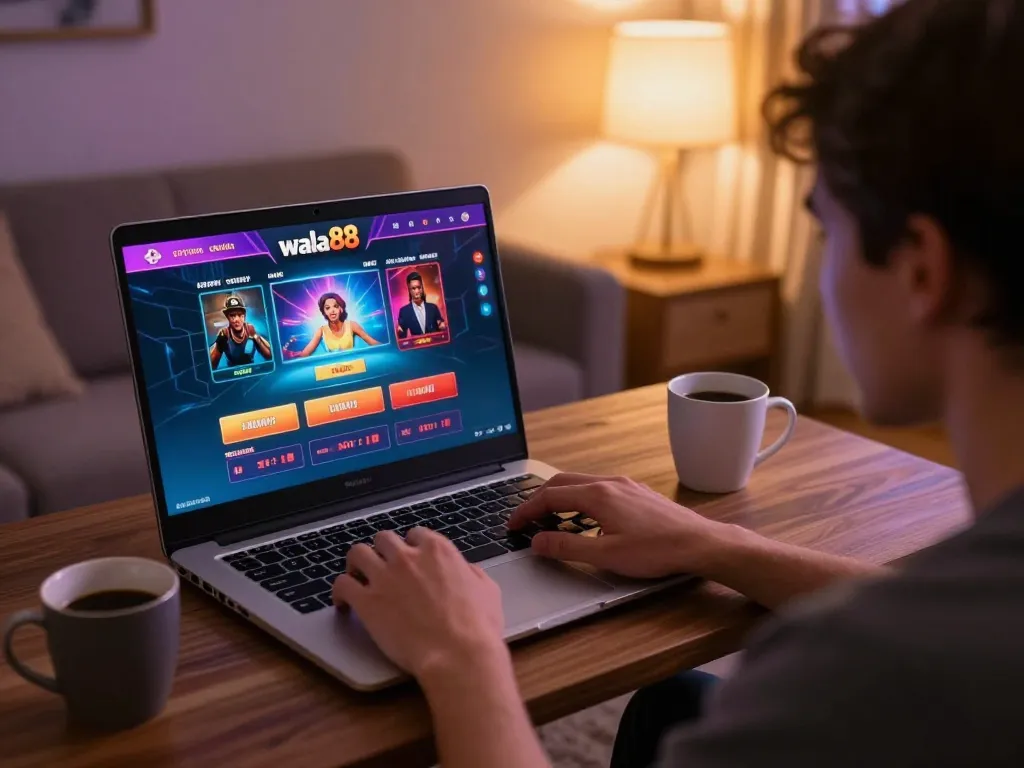 Player enjoying the wala88 online casino experience at home, laptop displaying games.