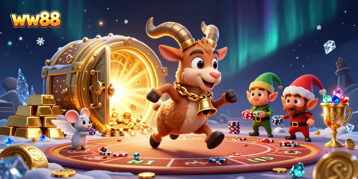 Experience thrilling gameplay at ww88 with a festive casino scene featuring playful characters and vibrant treasures.