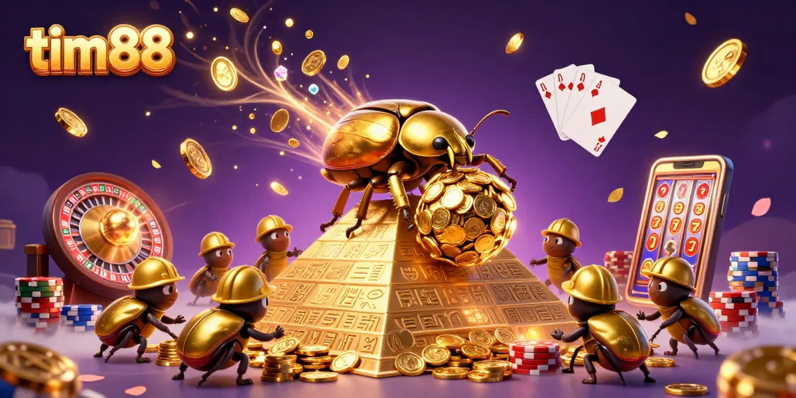 tim88 showcases a magical casino scene with golden coin beetles rolling wealth