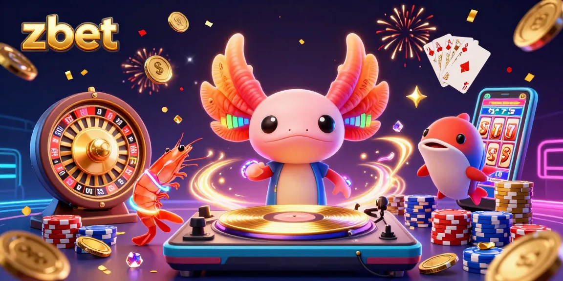 Win big at zbet with a vibrant 3D casino scene featuring a lively DJ and exciting game elements.