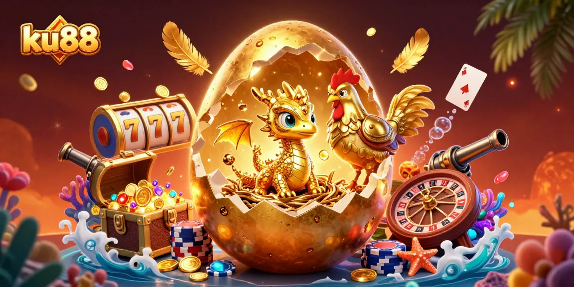 Experience thrilling gaming at ku88 with a golden dragon in a rich casino environment surrounded by slot reels and poker chips.