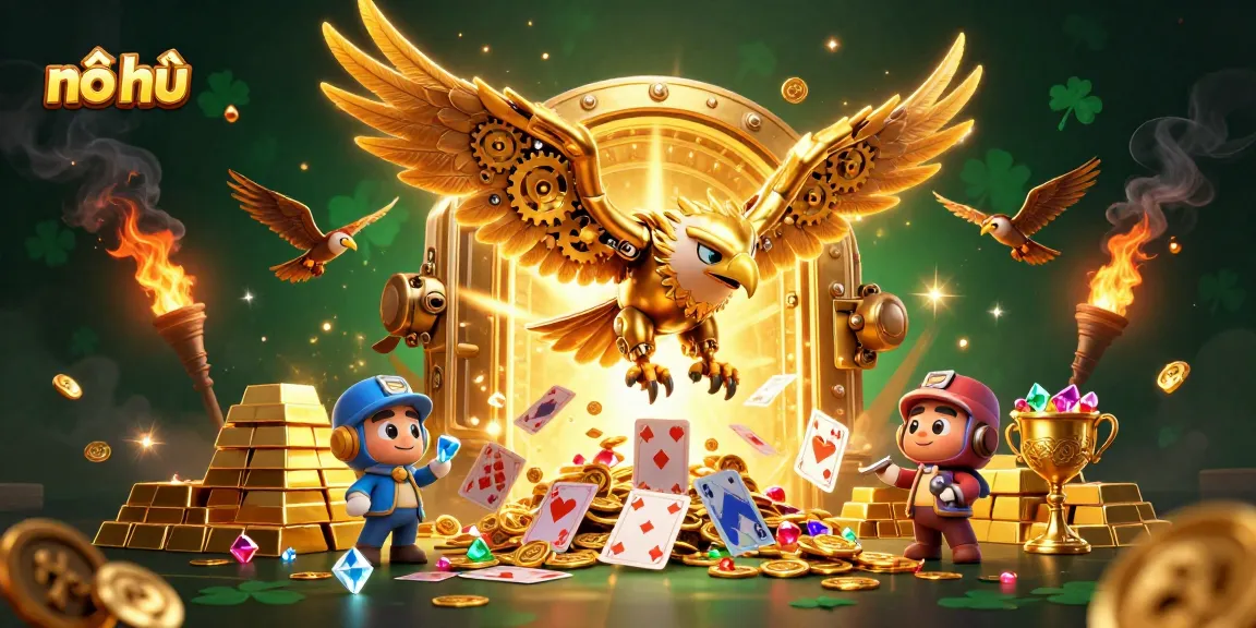 Engage with thrilling nổ hũ action featuring a cybernetic eagle amidst a treasure-filled casino landscape.
