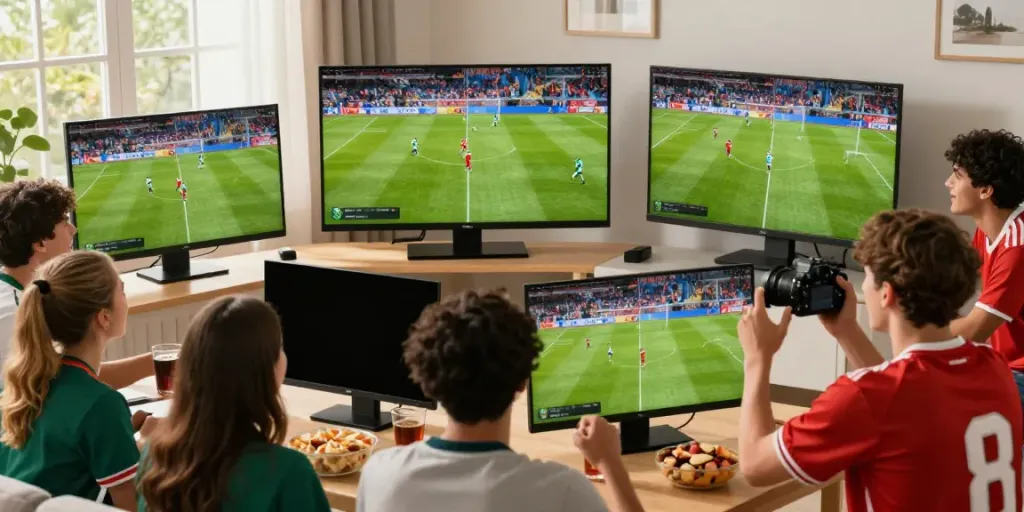 Fans enjoying a thrilling live football match streaming from https://thapcamtv.ac/ in a cozy atmosphere.