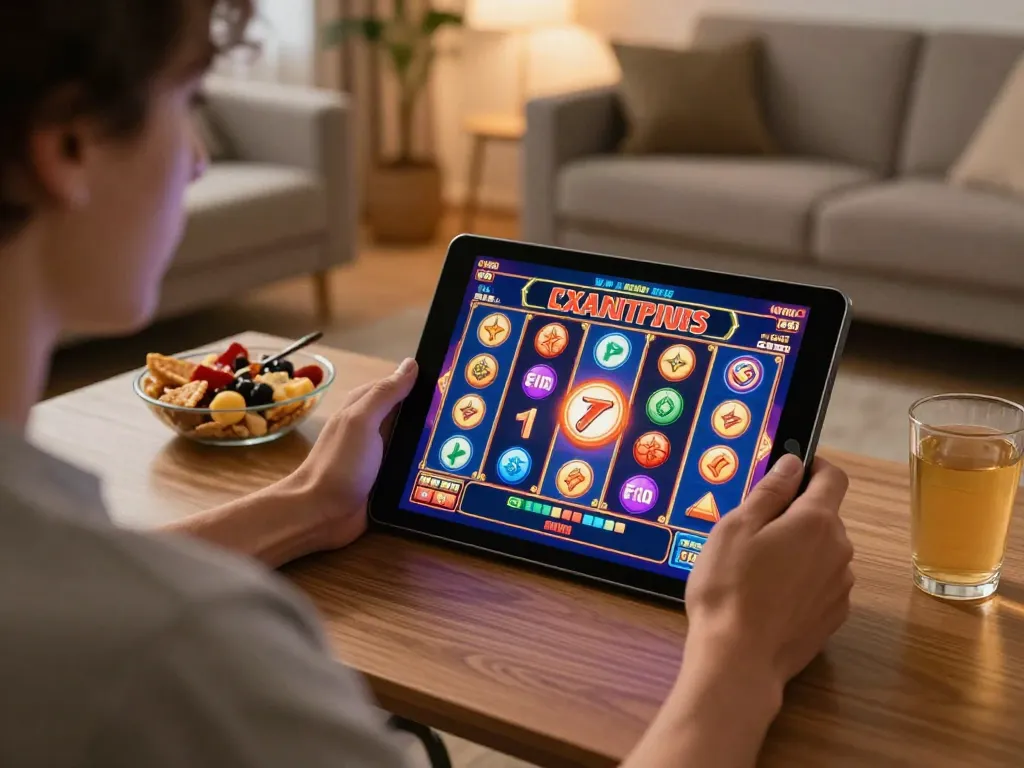 Player enjoying U888 online slot game on a tablet in cozy home setting