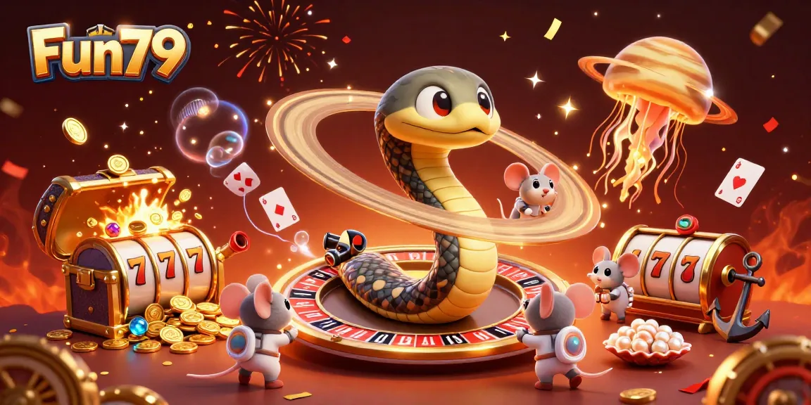 Betting adventure at Fun79 with cosmic characters and vibrant casino elements in a unique setting.