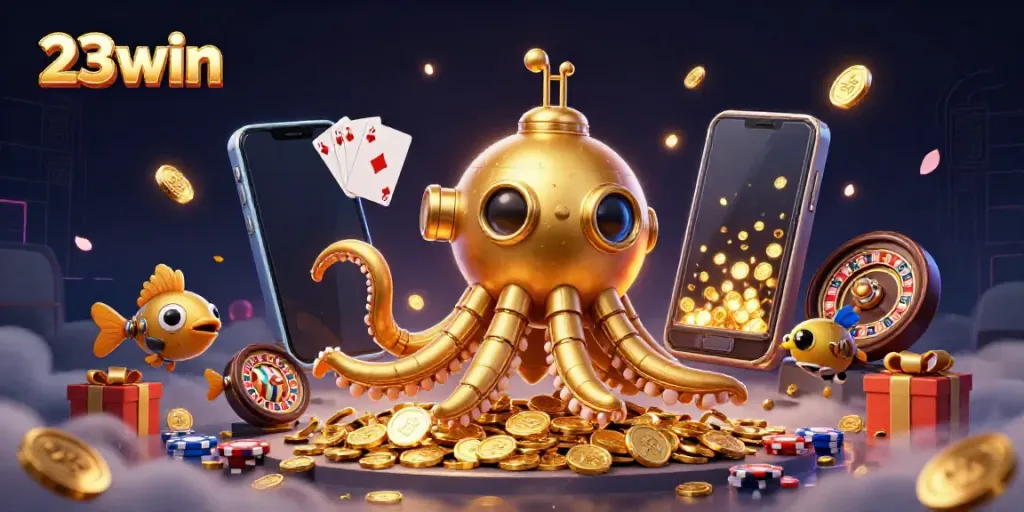 Experience the excitement of 23win with a colorful display of games and jackpots featuring a golden kraken submarine.