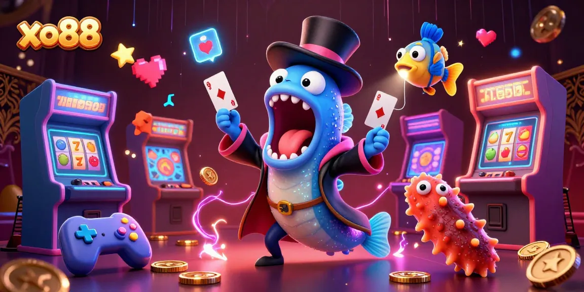 Spin to win with xo88: An exciting casino scene featuring whimsical sea creatures performing magical card tricks.