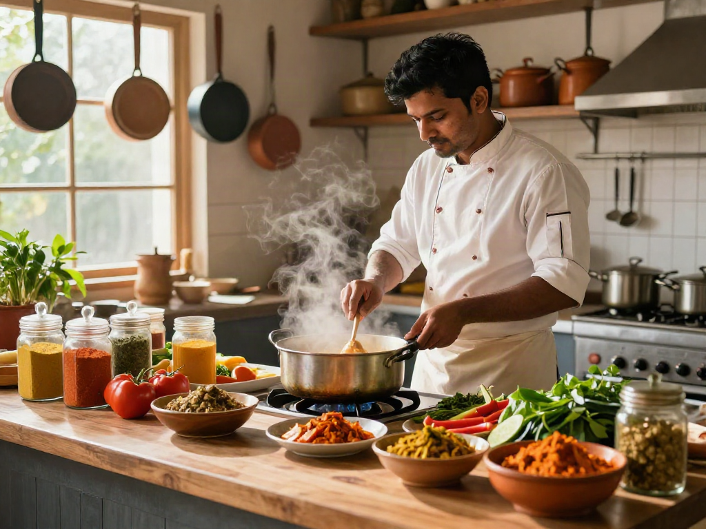 Authentic rokok88 slot Indian curry preparation showcasing vibrant spices and fresh ingredients in a warm kitchen.