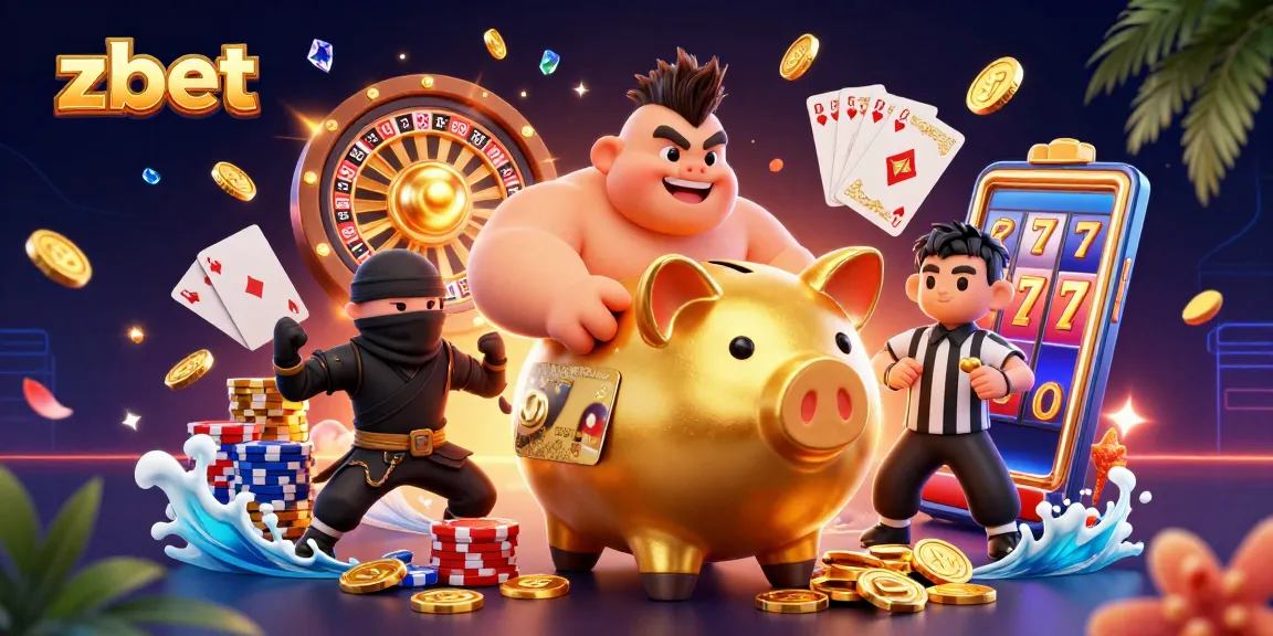 Experience thrilling moments at zbet with a cartoon sumo wrestler, wallet ninja, and referee in a packed casino scene.
