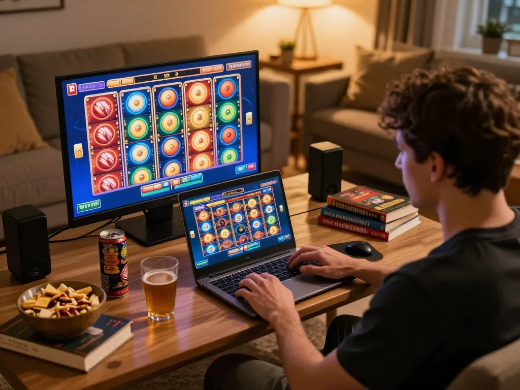 Engaging in a riveting online slots game with 88betcom at home, showcasing an exciting gaming experience.