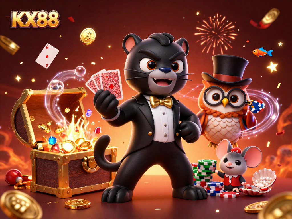 KX88 players can enjoy a vibrant casino scene with characters in action and dynamic game elements.