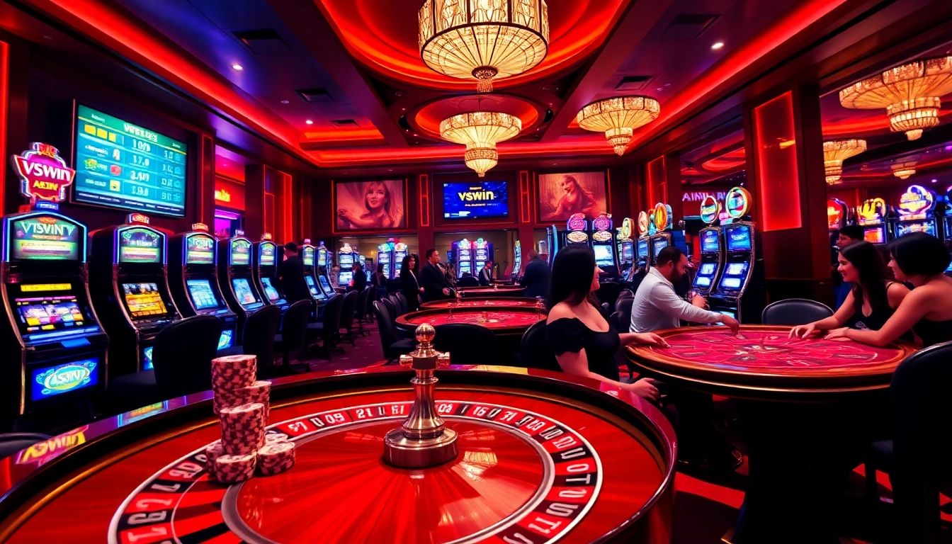 Players enjoying an exciting game of roulette at the luxurious vswin casino, surrounded by vibrant slot machines.