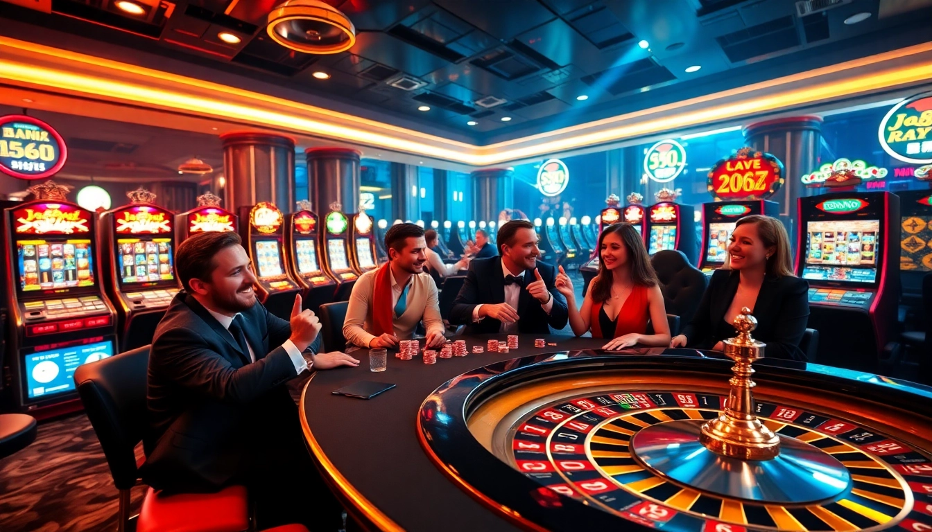 Engage in thrilling gaming action at Luckywin's lively casino with vibrant tables and colorful poker chips.