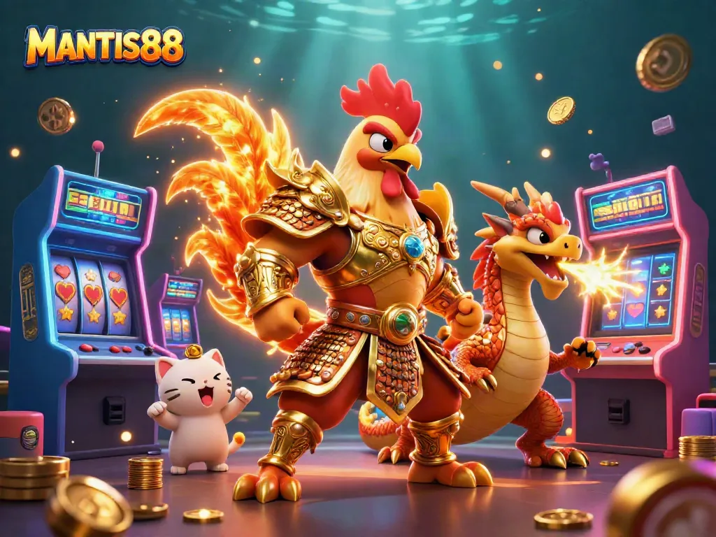 MANTIS88 gaming scene showcasing a cartoon fighting rooster and dragon in a vibrant casino atmosphere.