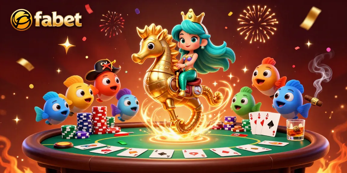 Engage with fabet's vibrant casino scene showcasing a mermaid, giant seahorse, and poker gaming elements.