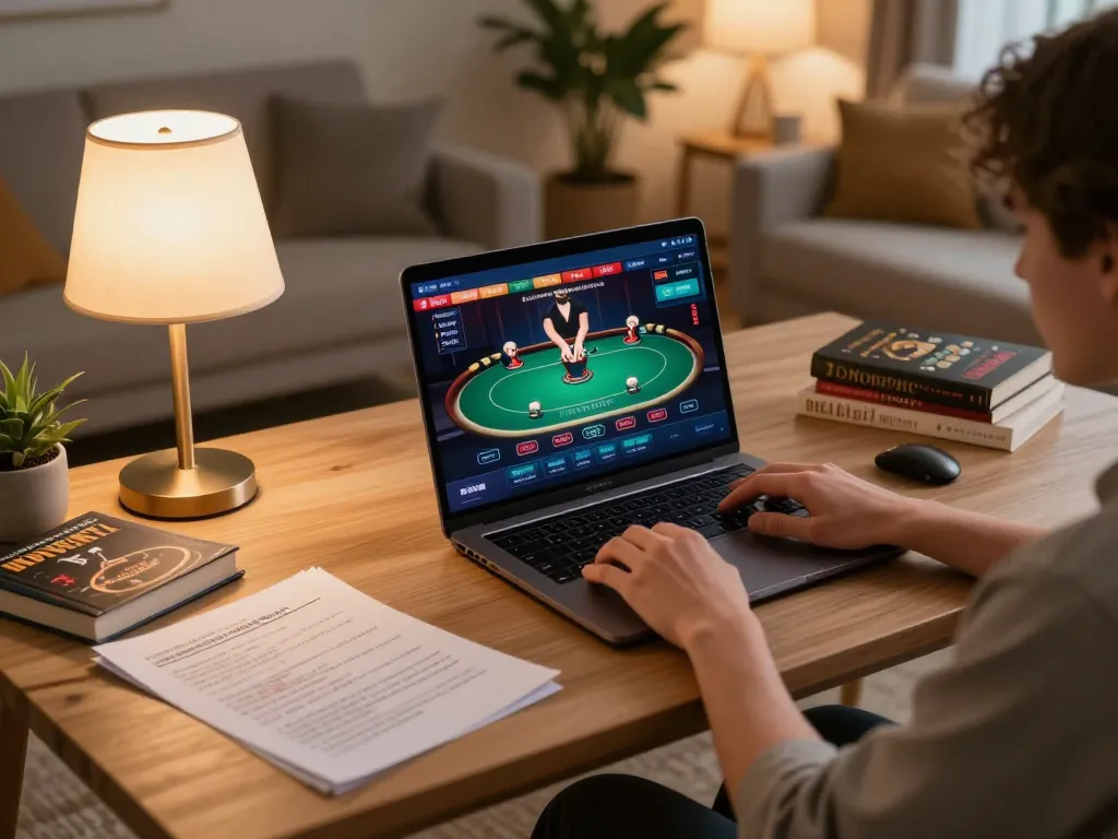 Engaging in fun88 online gaming strategy at home, showcasing a laptop with poker interface and betting notes.
