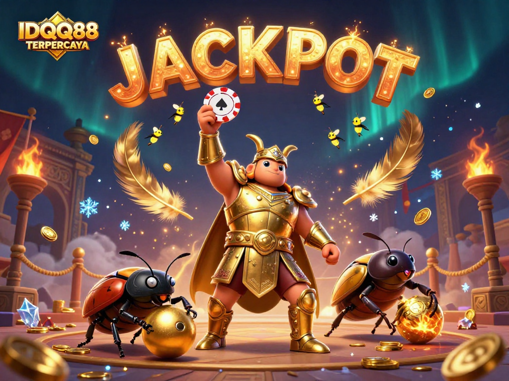 IDQQ88 TERPERCAYA unlocks jackpot victory with 3D hercules beetle and vibrant casino elements.