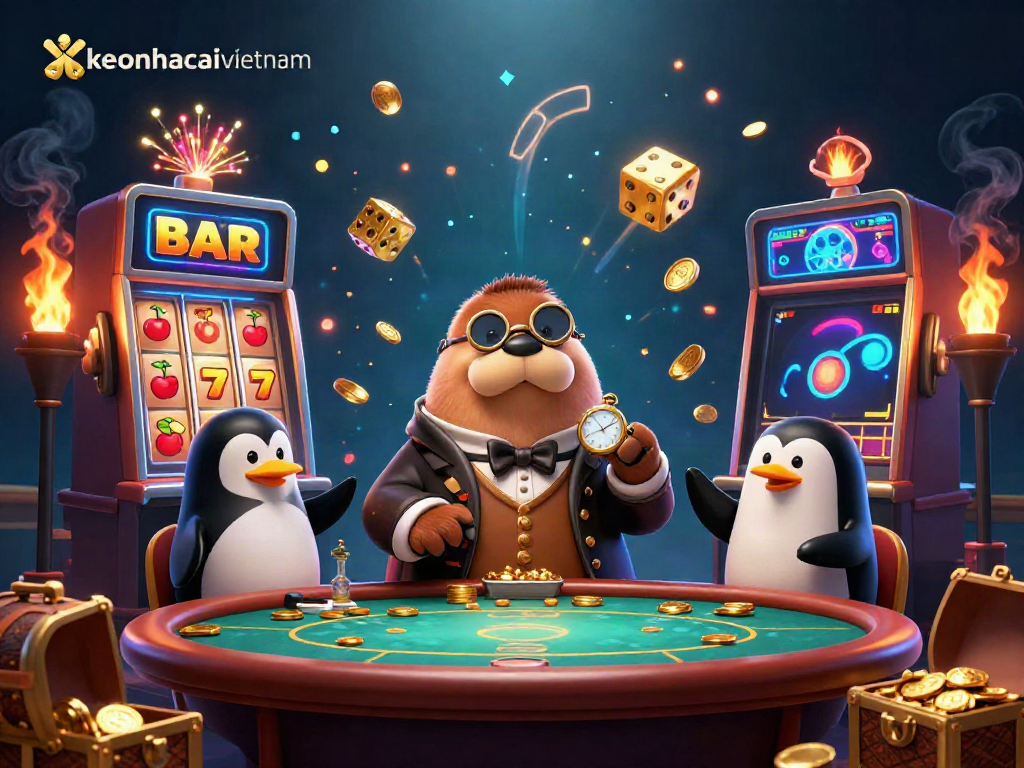 Engage with keonhacaivietnam's playful underwater casino scene, featuring vibrant characters and dynamic gaming elements.