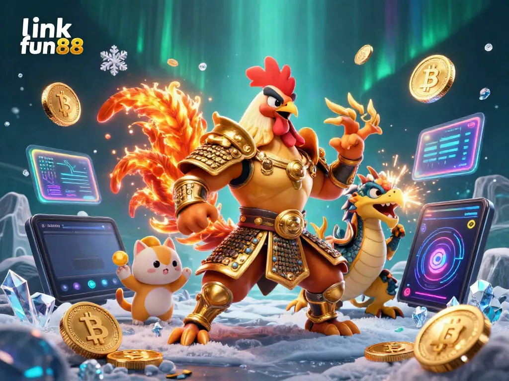 Experience the excitement of link fun88 with a dynamic 3D scene featuring a rooster warrior, dragon hatchling, and fortune cat.
