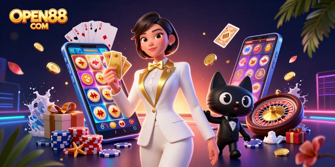 Experience thrilling games at OPEN88 COM with a glamorous dealer and vibrant slot elements.