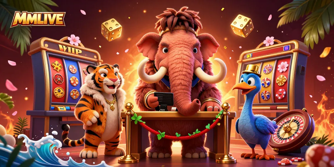 Experience MMLIVE's vibrant casino atmosphere with friendly characters and dynamic game elements.