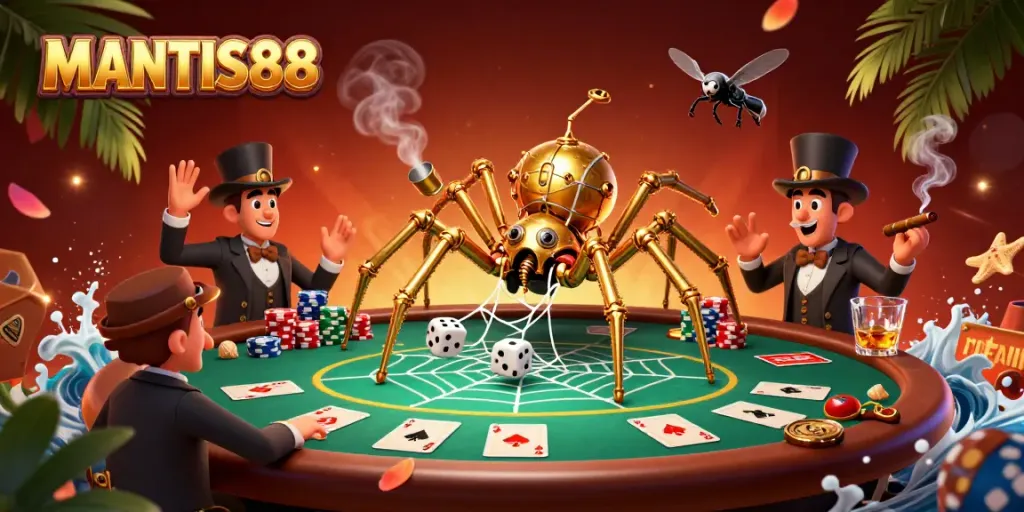 MANTIS88 presents a dynamic 3D scene showcasing a steampunk spider and other gambling elements.