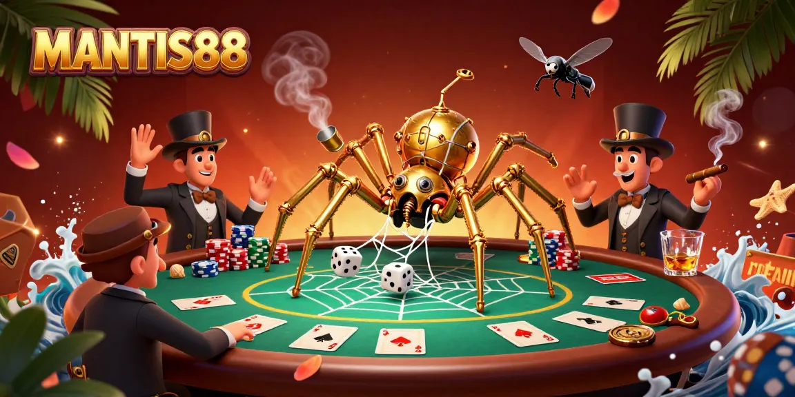 MANTIS88 presents a dynamic 3D scene showcasing a steampunk spider and other gambling elements.