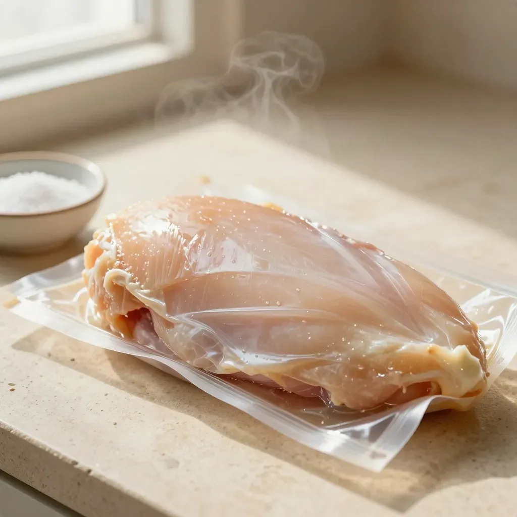 Macro chicken breast pack with condensation, parchment edges, and a ceramic salt pinch bowl on pale stone.