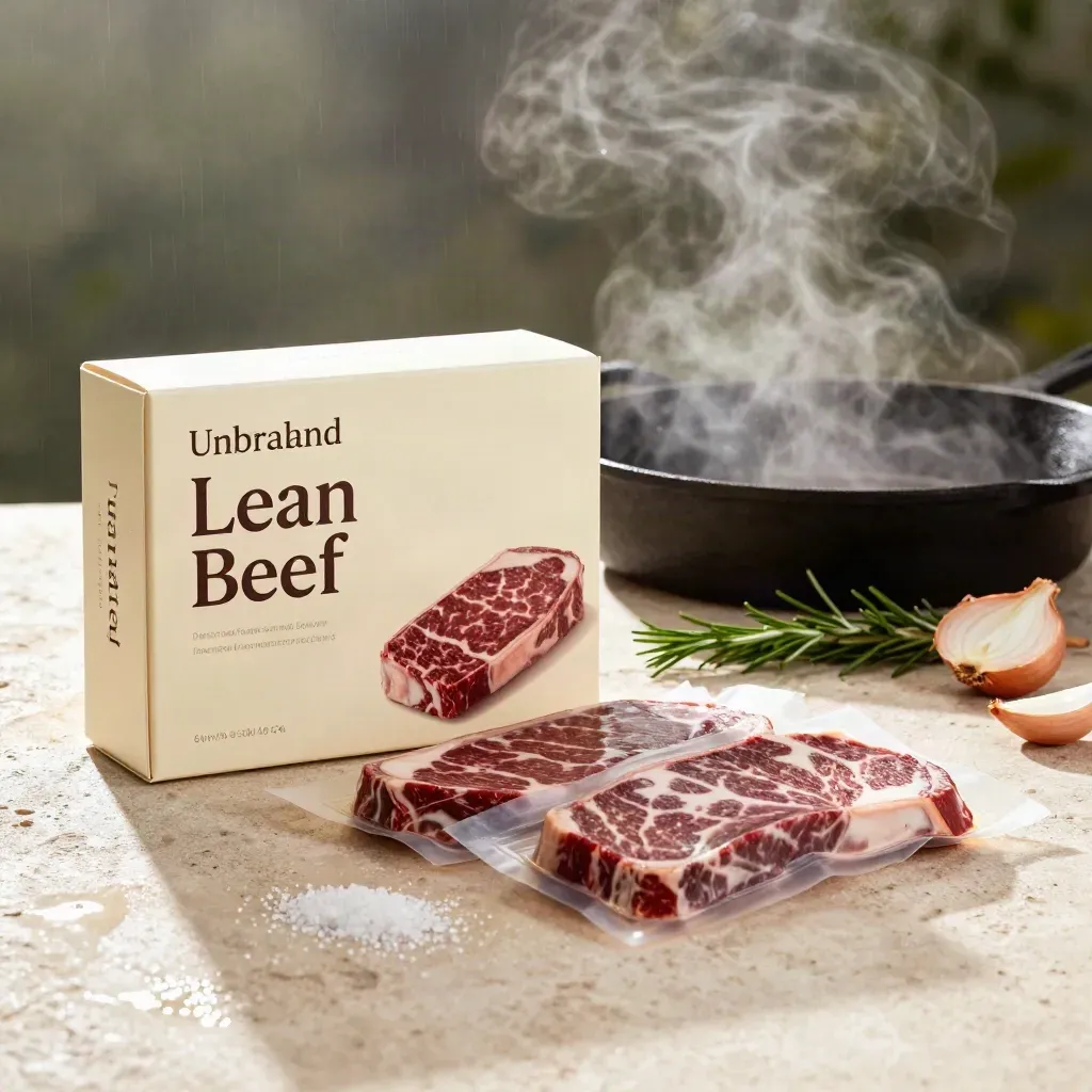 Lean beef starter box with sirloin trays, rosemary, shallots and a cast-iron pan on wet stone.