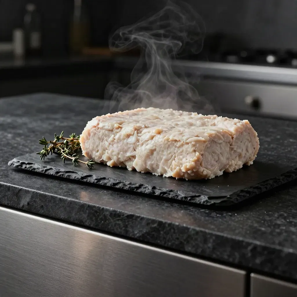 Unbranded turkey mince box on dark slate with thyme, lit by a cool rim in thin haze.