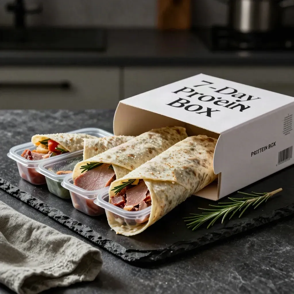 Open Lean Meat protein box with seven chilled meal portions on a stone board.