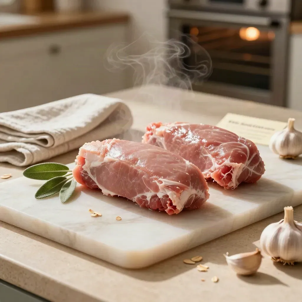 Pork tenderloin pair with sage, garlic and linen on a prep board in soft kitchen light.