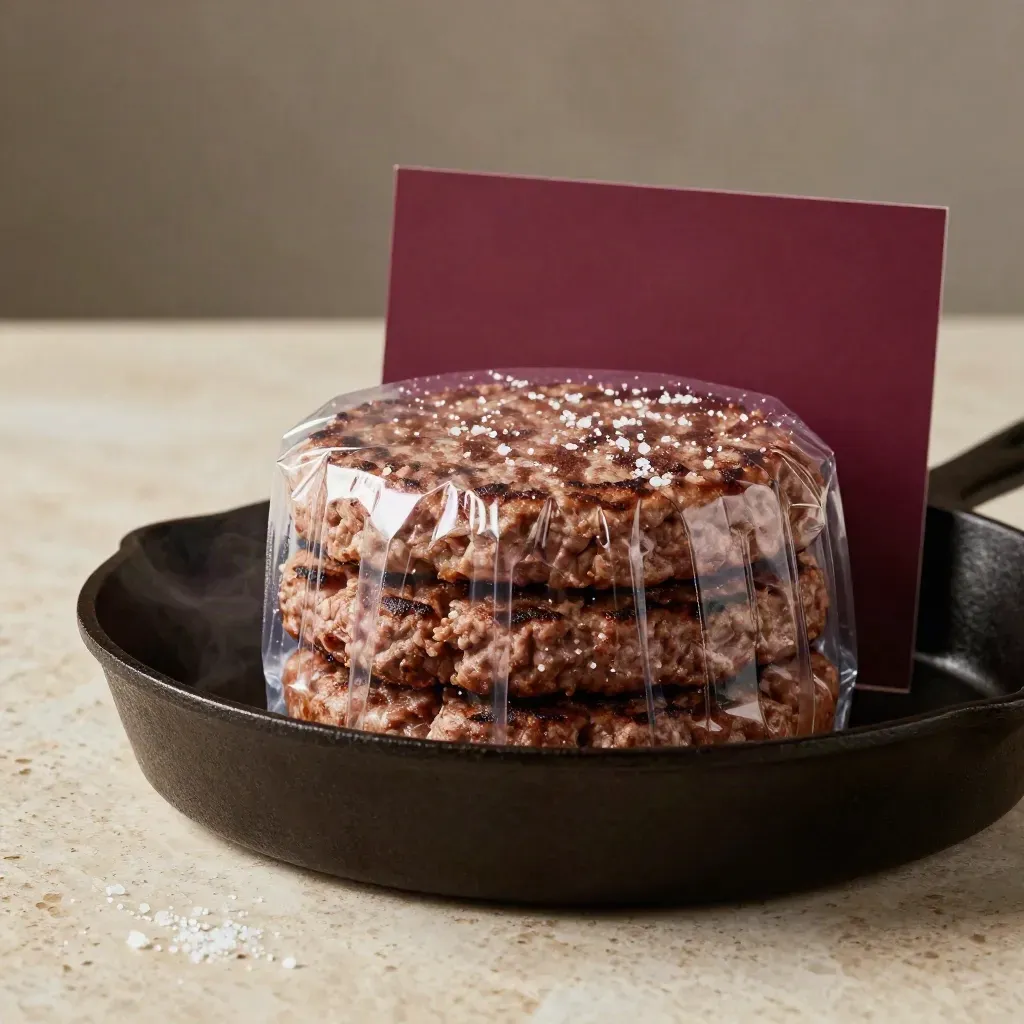 Upright bison burger pack with patties, salt, and cast-iron pan on travertine under soft studio light