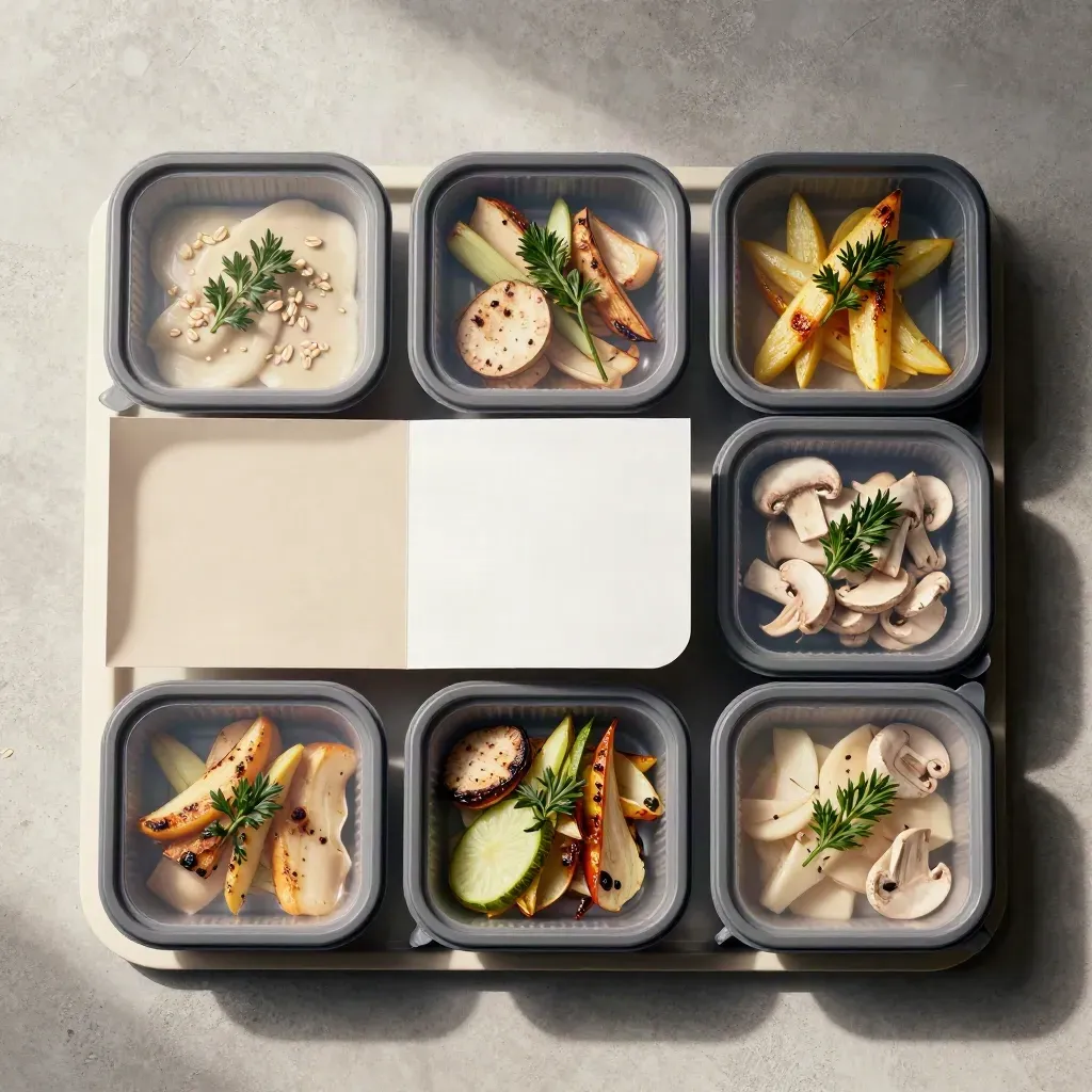 Overhead protein meal kit with neat trays, vegetables, and a folded blank card on pale concrete.