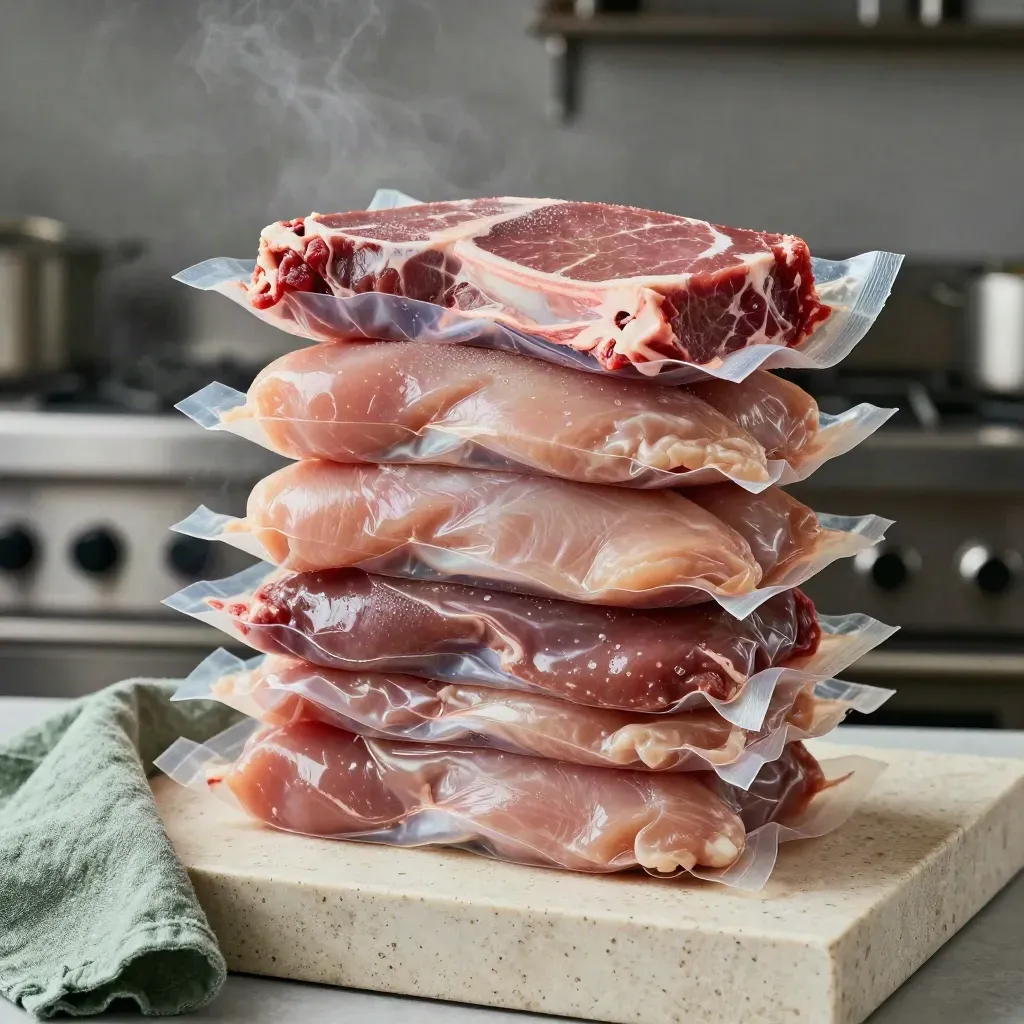 Stepped stack of unbranded meat packs on travertine with rosemary-green linen and soft steam.