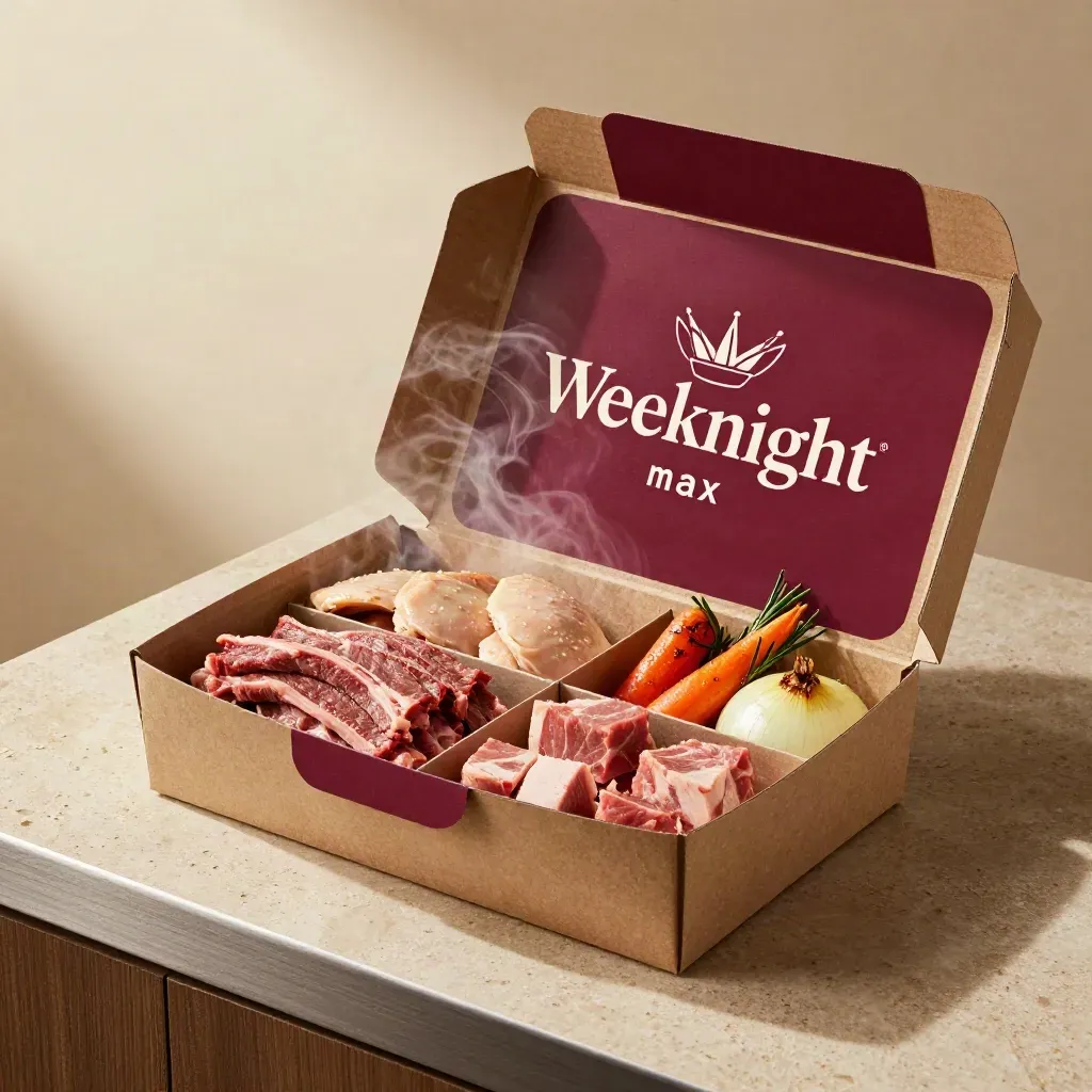 Open lean meat meal box with trimmed cuts and roasted vegetables on a stone surface.