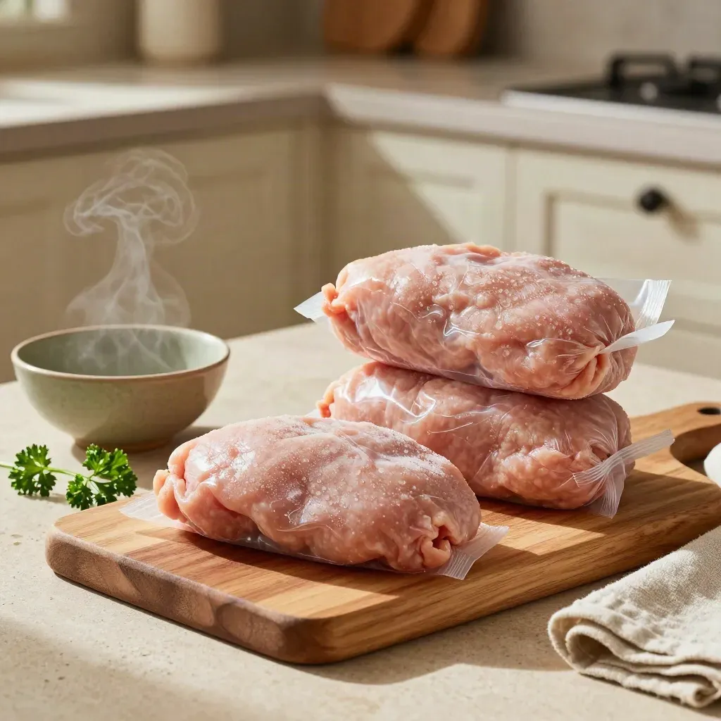 Three packs of turkey mince on an oak board with parsley and a ceramic bowl, steam rising.