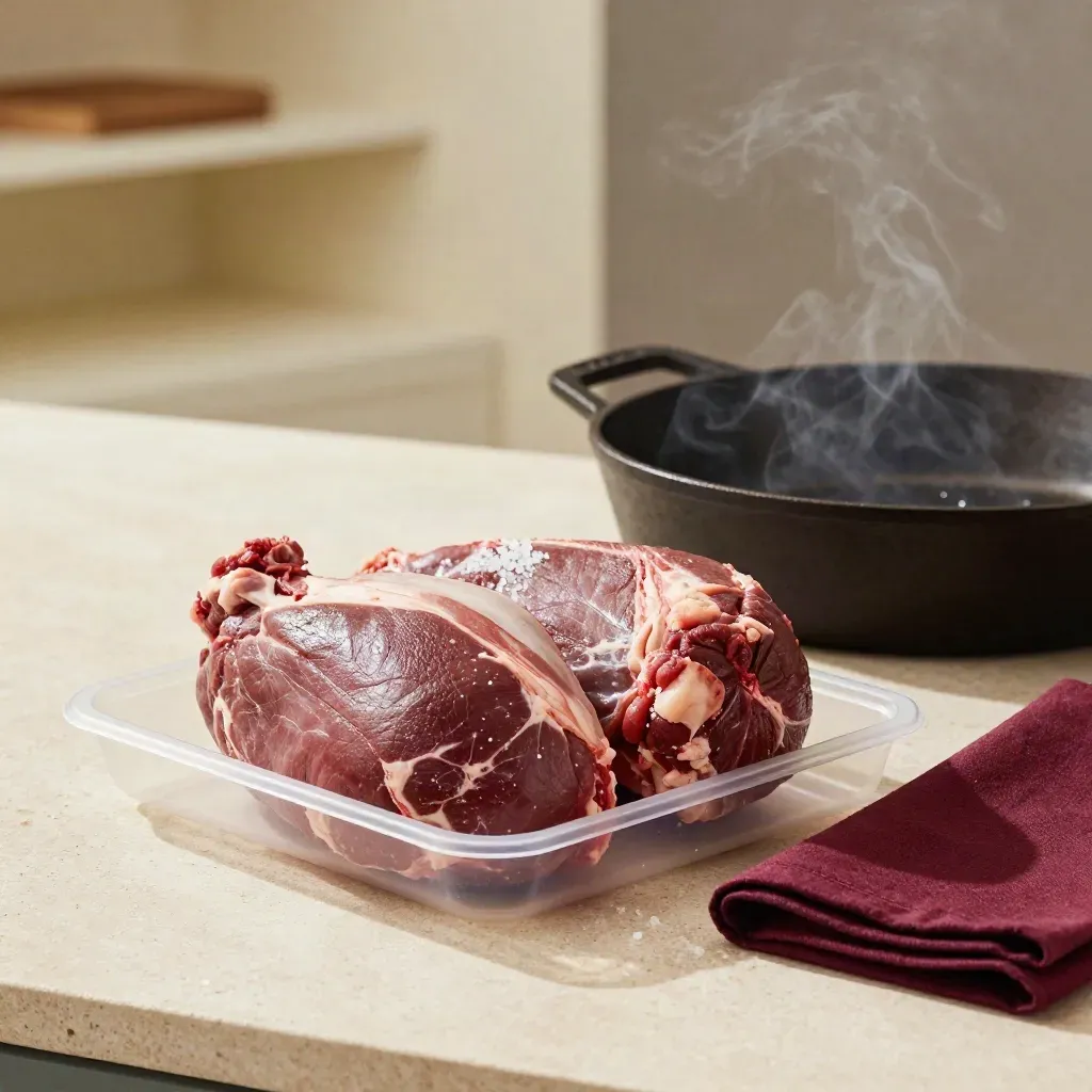 Ground bison pack beside a cast-iron pan with salt, smoke, and burgundy cloth.