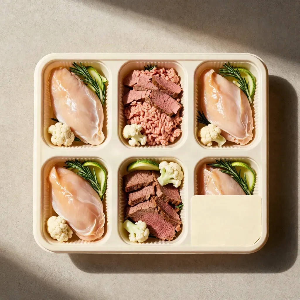 Overhead open protein meal kit box with six trays, vegetables, and a folded cream card on concrete