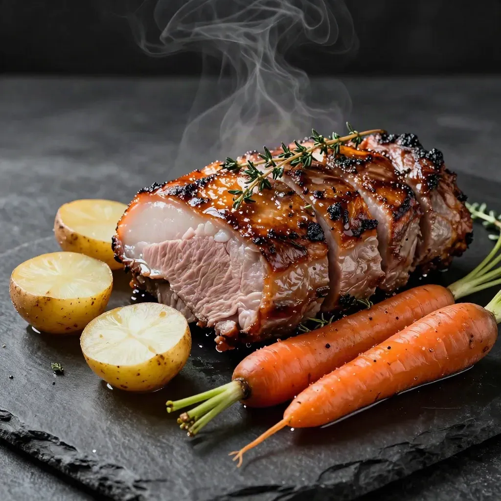Roast cut, potatoes, carrots, and thyme on a charcoal stone board with steam