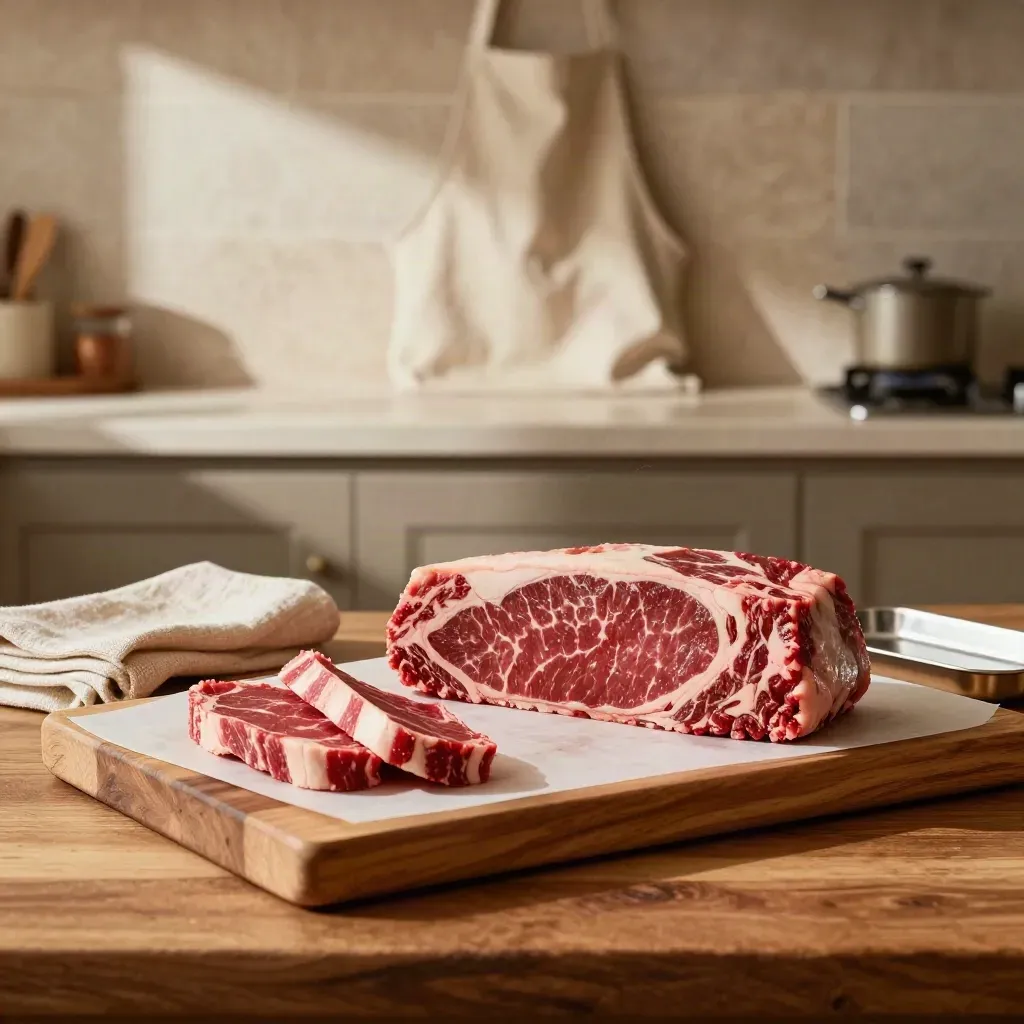 Lean beef cuts on an oak butcher slab in sunlit stone-and-linen interior