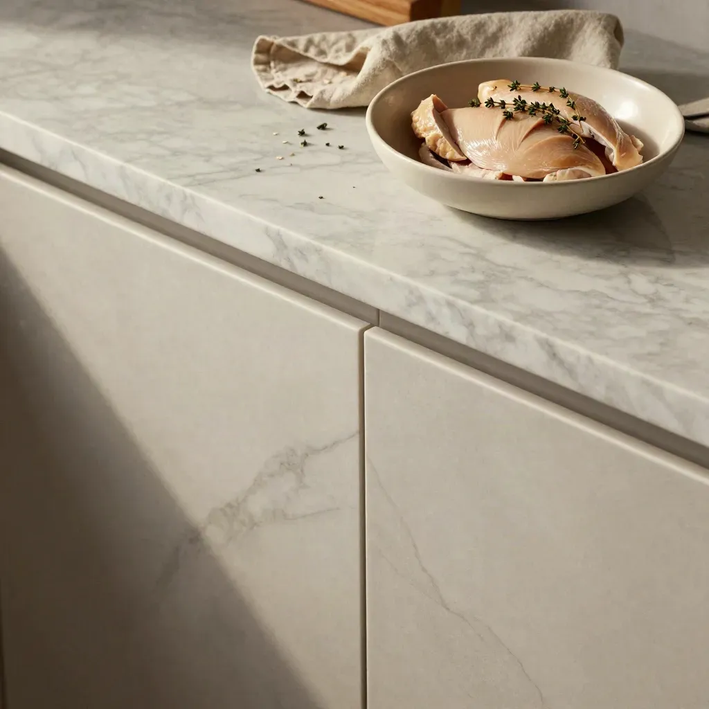Sunlit marble prep surface with chicken breast and thyme, calm copy space below