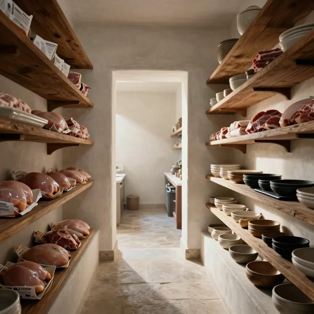 Sunlit pantry corridor with timber shelves, lean meat parcels, stone floor, and bright doorway.