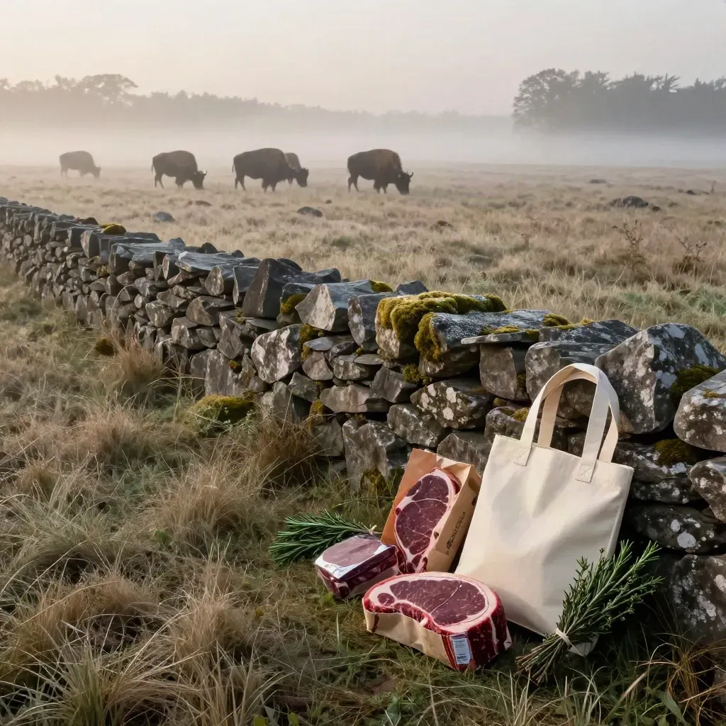 Misty herb field at dawn with distant bison, stone wall, and meal kit parcels