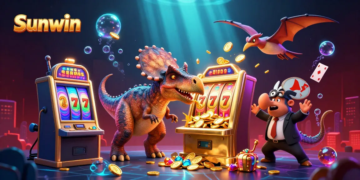 Sunwin slot machine chaos with cartoon dinosaurs launching jackpot coins in vibrant scene