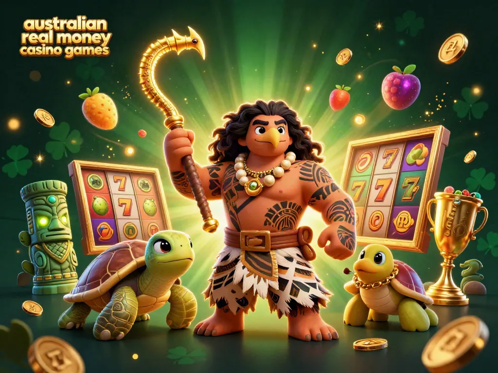 Explore thrilling australian real money casino games with a captivating 3D illustration of vibrant characters and elements.